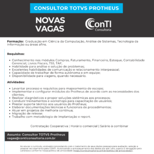 Leia mais sobre o artigo Consultor TOTVS Protheus – Backoffice